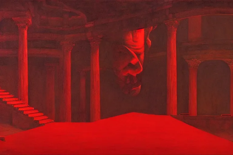 Image similar to only with red, a red melted emperor, taormina amphitheatre, crowd hails him, in the style of beksinski, parts by edward hopper, parts by rodcenko, parts by yue minjun, intricate and epic composition, red by caravaggio, insanely quality, highly detailed, masterpiece, red light, artstation, 4 k