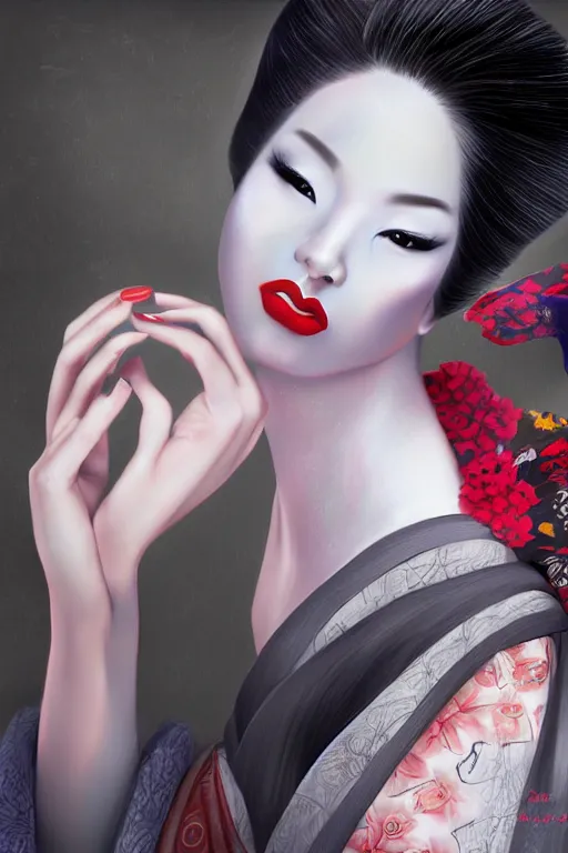 Image similar to beauty geisha , digital art, 8k ,character ,realistic, portrait, hyper realism