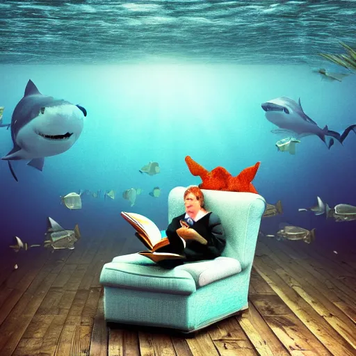 Image similar to a shark sitting in a chair reading a book underwater realistic hdr 8 k 3 5 mm