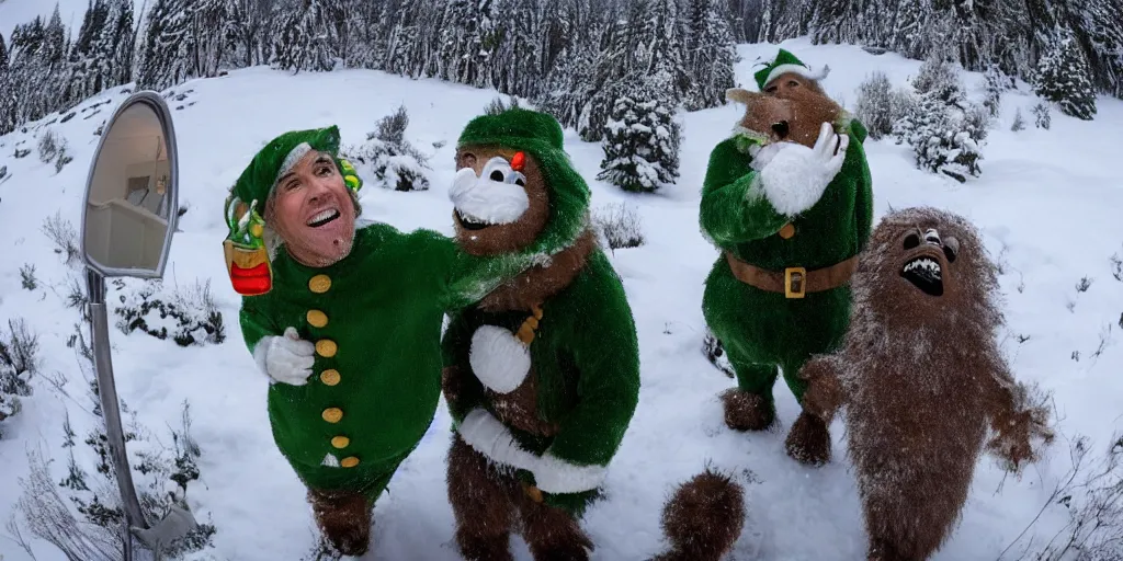 Image similar to ultra wide angle photo of will ferrel dressed as buddy the elf, from the movie elf, looking at himself in a bathroom mirror and seeing his reflection as bumble, the abominable snow monster from the north