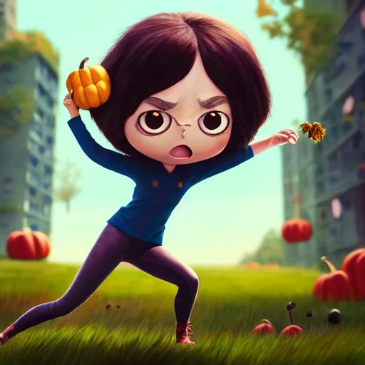 Prompt: an epic chibi comic book style portrait painting of aubrey plaza fighting pillie eilish, character design by mark ryden and pixar and hayao miyazaki, unreal 5, daz, hyperrealistic, octane render, cosplay, dynamic lighting, intricate detail, harvest fall vibrancy, cinematic