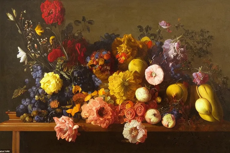 Prompt: still life in space, with flowers and fruit, in the style of the dutch masters, dark and moody