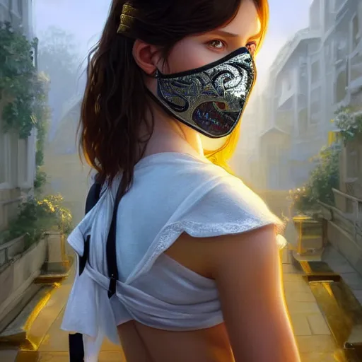 Image similar to 1 5 year old white girl with a white shirt that has one shoulder visible, wears black sports shorts and a golden mask on her face, intricate, highly detailed, digital painting, artstation, concept art, smooth, sharp focus, illustration, unreal engine 5, 8 k, art by artgerm and greg rutkowski and alphonse mucha