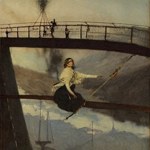 Prompt: woman traversing a suspension bridge by alfred stevens