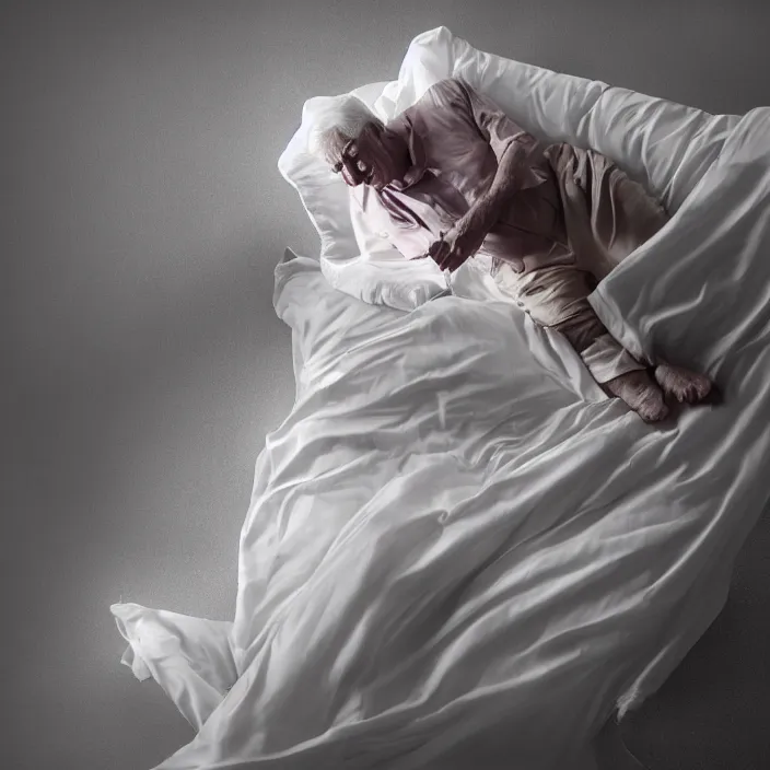 Prompt: a 7 0 year old white haired man lays on a bed, a transparent iridescent figure levitates above him, by michal karcz, canon eos c 3 0 0, ƒ 1. 8, 3 5 mm, 8 k, medium - format print