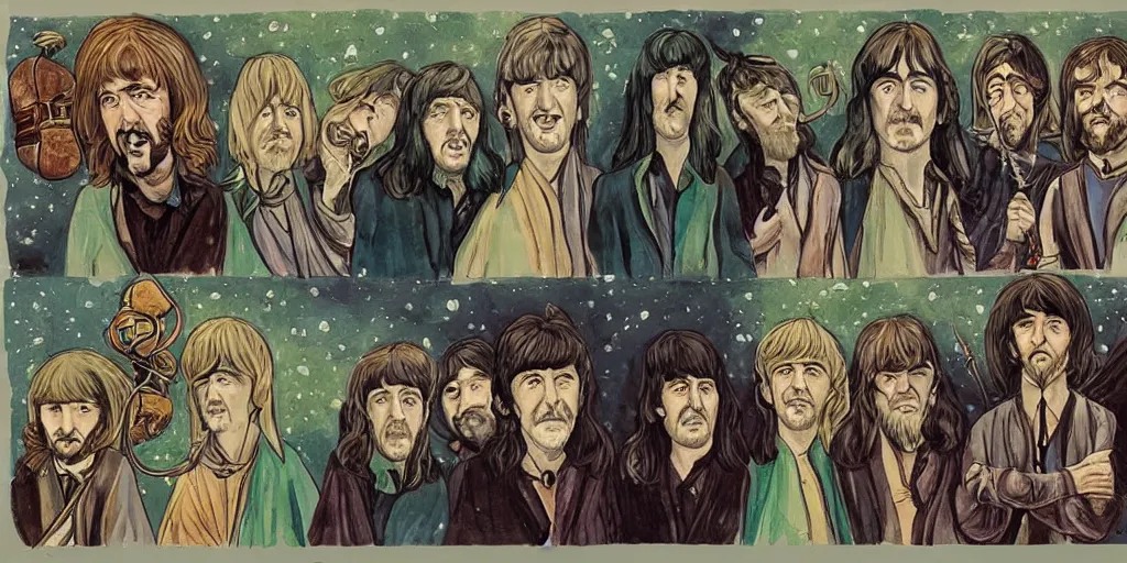 Prompt: the beatles in lord of the rings, fantasy art style