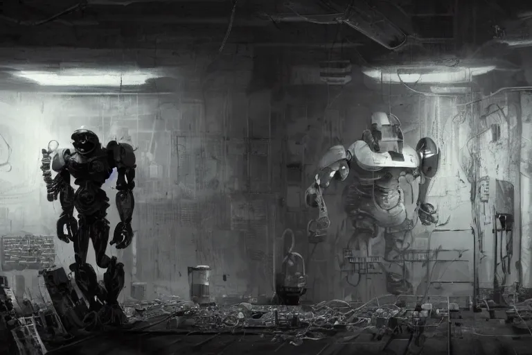 Prompt: eddie mendoza blender gloomy colossal ruined server room in datacenter robot figure automata headless drone robot knight welder posing pacing fixing soldering mono sharp focus, emitting diodes, smoke, artillery, sparks, racks, system unit, motherboard, by rutkowski artstation hyperrealism cinematic dramatic painting concept art of detailed character design matte painting