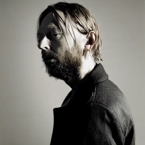 Image similar to Thom Yorke, a man with a beard and a black jacket, a portrait by John E. Berninger, dribble, neo-expressionism, uhd image, studio portrait, 1990s