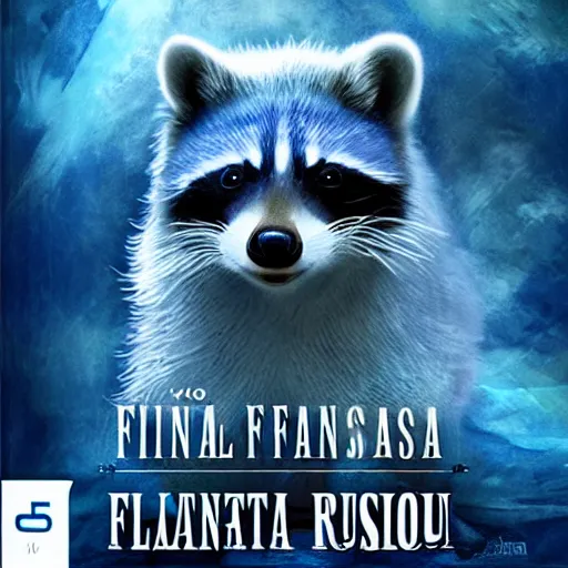 Prompt: final fantasy box art depicting an ethereal blue raccoon