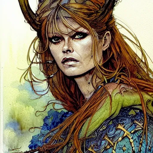 Image similar to a realistic and atmospheric watercolour fantasy character concept art portrait of brigitte bardot in her 2 0 s as a druidic warrior wizard looking at the camera with an intelligent gaze by rebecca guay, michael kaluta, charles vess and jean moebius giraud