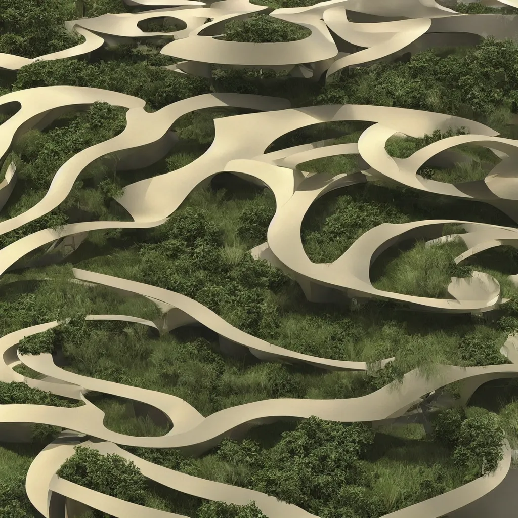 Image similar to “ an incredibly smooth curvilinear architectural spatial immersive sculpture, unfolding continuous golden surfaces enclose a visually complex garden designed by zaha hadid, architecture render ”