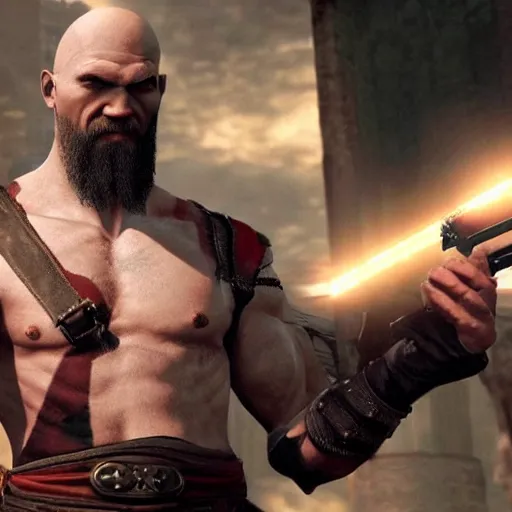 Prompt: kratos wearing hitman's suit holding double deagle