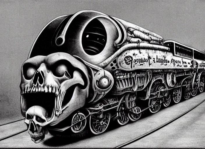 Image similar to the Laughing Skull train by H.R. Giger