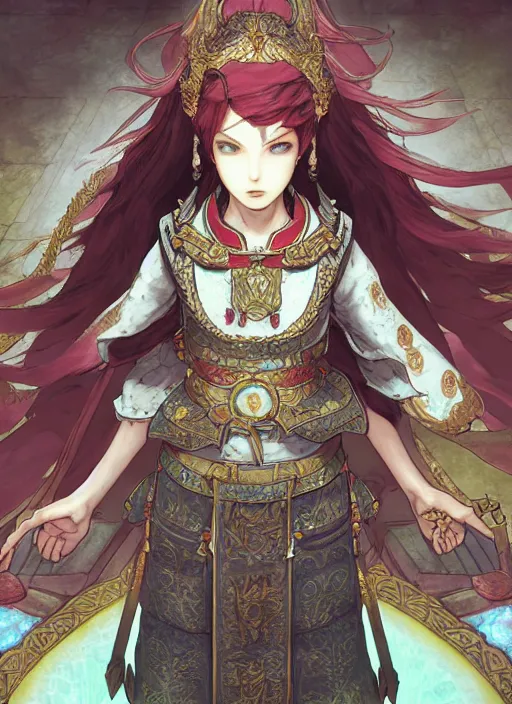 Image similar to character portrait of the pearl herald at the light temple, hidari, color page, tankoban, 4K, tone mapping, Akihiko Yoshida.