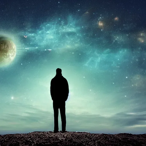 Image similar to 4K ultra HD detailed award-winning wallpaper silhouette of lonely man standing looking at Earth from far away huge vast sky universe