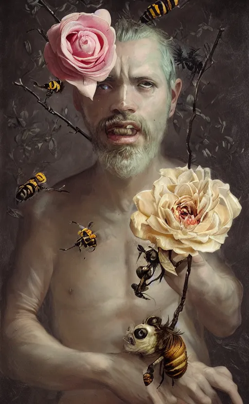 Image similar to a painting of a young bearded man holding a white rose and a stick, jester hat, small dog, a surrealist painting by marco mazzoni, peter mohrbacher, nychos, cgsociety, neo - figurative, detailed painting, rococo, bees, oil on canvas, birds seapunk, biomorphic lovecraftian