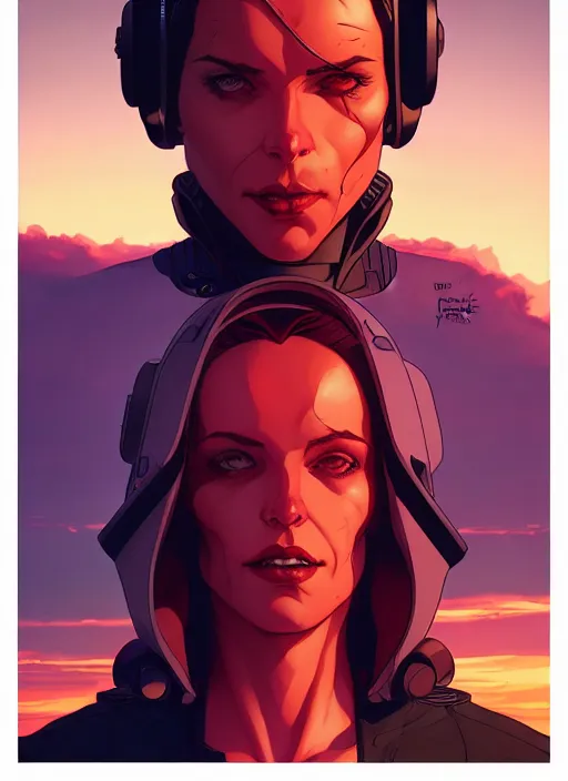 Image similar to Rafeal Albuquerque comic art, Joshua Middleton comic art, cinematics lighting, sunset colors, pretty female cyberpunk space pirate, big smirk, symmetrical face, symmetrical eyes,full body, in a field, sunset