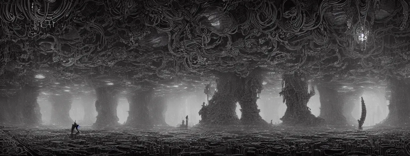 Prompt: intricate artwork masterpiece biomechanical gothic underground hive mind domain, side - scrolling 2 d platformer level by nicolas delort, zdizslaw beksinski, victo ngai, josan gonzalez, kilian eng, ominous, dramatic horror cinematic lighting, volumetric 8 k