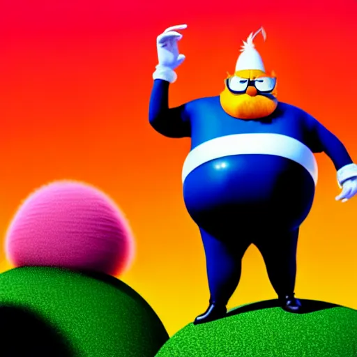 Image similar to a render of a round fat man in a red jumpsuit, wearing shiny black goggles, long pointy pink nose, long spikey moustache, bald, light brown moustache, large cartoonish hands with white gloves, evil villain grin, high tech, hdr, 4 k, he is standing over the lorax, the lorax is on the ground, 3 d