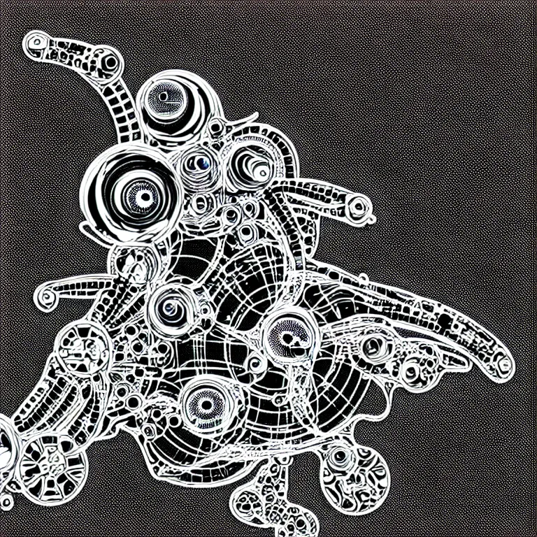 Image similar to a black and white drawing of variety of sea life as a hyperdetailed mech with electronic equipment space station, a microscopic photo by ernst haeckel, zbrush central, kinetic pointillism, intricate patterns, photoillustration