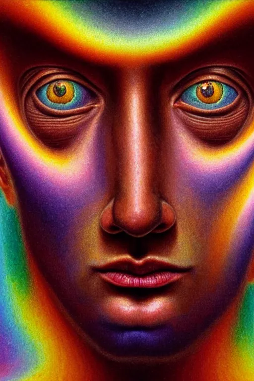 Image similar to hyperrealistic close-up Renaissance psychedelic!! celestial happy! pure kind! creature!!! peaceful! kind spirit of nature! beautiful eyes! highly detailed concept art eric zener elson peter cinematic hard rainbow lighting high angle hd 8k sharp shallow depth of field, inspired by Zdzisław Beksiński Salvador Dali