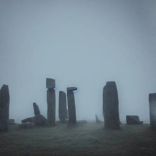 Prompt: 'a portrait of an army of cats sitting in front of the neolithic standing stones, haunting, fog, grainy, snowing, atmospheric clouds'