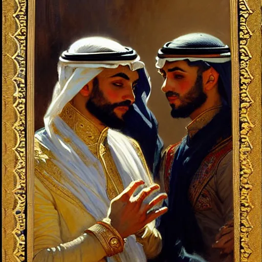 Image similar to attractive arab king in love with his attractive male prince. highly detailed painting by gaston bussiere, craig mullins, j. c. leyendecker