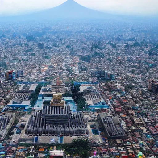 Image similar to remarkable airplane view of a cyberpunk mayan city in guatemala and it is graced by a huge sacred futuristic cyberpunk temple