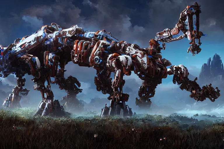 Image similar to thunderjaw machine mecha animal beast robot of horizon forbidden west horizon zero dawn bioluminiscence global illumination ray tracing hdr fanart arstation by sung choi and eric pfeiffer and gabriel garza and casper konefal