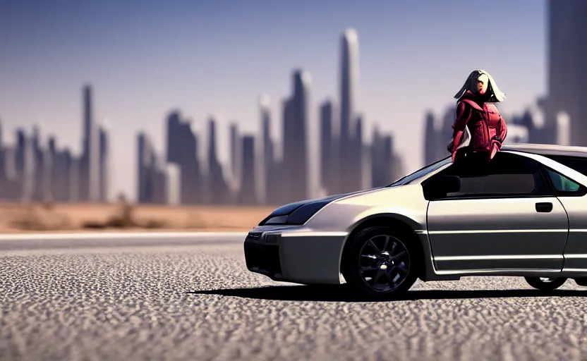 Image similar to photograph of a cell-shaded Honda EK9 Type-R with a lonely techwear woman , on a desert road with a futuristic city in the horizon, one point perspective, 1-point perspective, tilt shift, sigma 85mm f/1.4, 4k, depth of field, high resolution, 4k, 8k, hd, full color