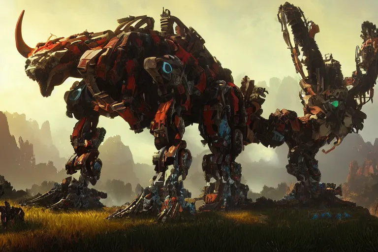 Image similar to ravager machine mecha animal beast robot of horizon forbidden west horizon zero dawn bioluminiscence global illumination ray tracing hdr fanart arstation by sung choi and eric pfeiffer and gabriel garza and casper konefal