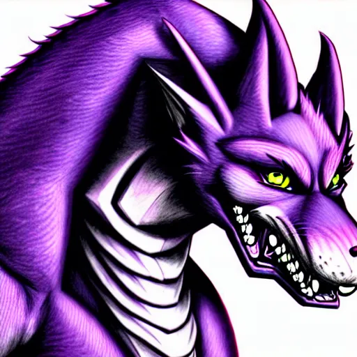 Image similar to anthropomorphic muscular purple wolf dragon, generic furry style, wearing jeans, deviant art, professional furry drawing, insanely detailed, artistic design, hyper detailed wolf - like face, doing a pose from jojo's bizarre adventure, detailed veiny muscles, exaggerated features, beautiful shading, dramatic lighting