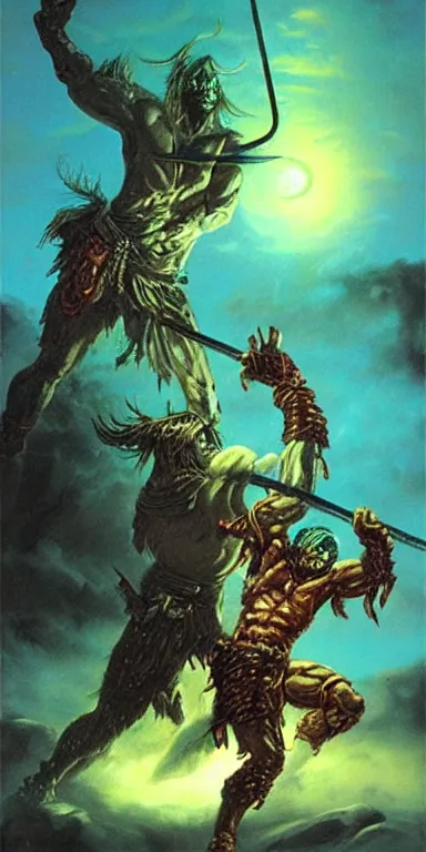 Image similar to the undead barbarian warrior fights a god, night scene, concept art by boris vallejo and michael whelan