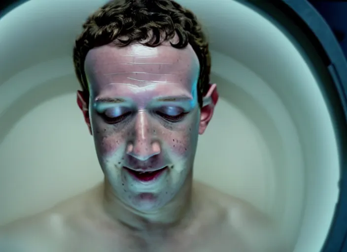 Image similar to film still of mark zuckerberg floating in a tank of milky fluid as a precog eyes closed and wires on his forehead minority report movie, 8 k