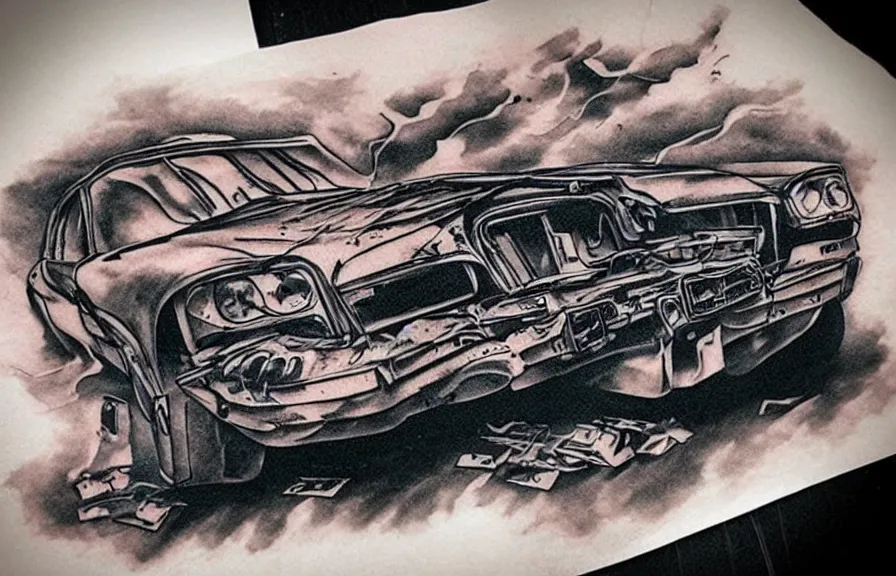 Prompt: demolished car, tattoo art