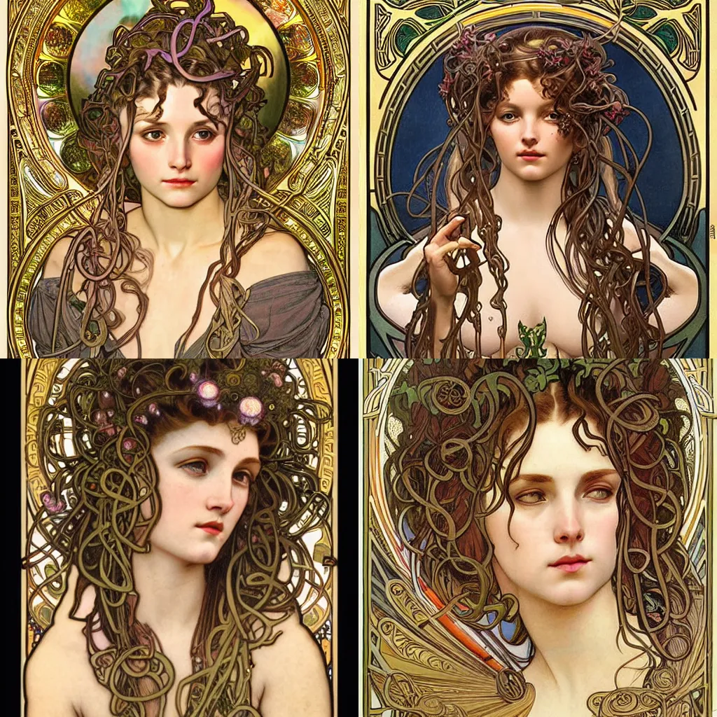 Prompt: realistic detailed face portrait of a beautiful young Medusa by Alphonse Mucha, Greg Hildebrandt, and Mark Brooks, gilded details, spirals, Neo-Gothic, gothic, Art Nouveau, ornate medieval religious icon