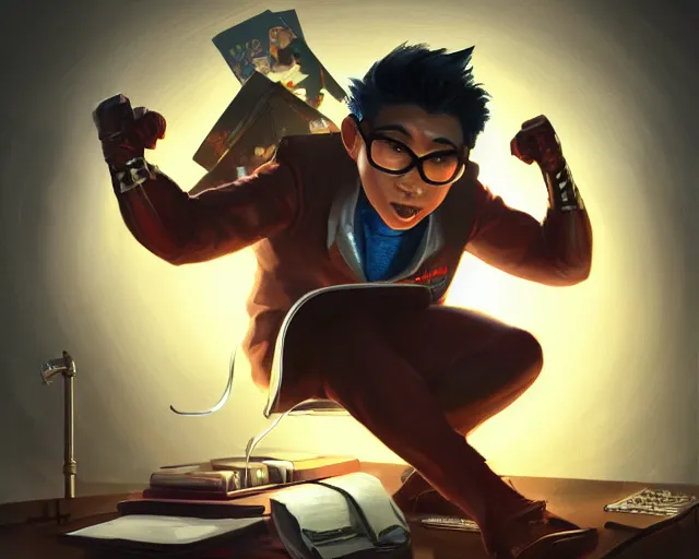 Image similar to an insanely detailed painting of a nerdy asian man wearing a superhero costume, sitting at a desk, staring at the nervously at the computer and typing, in the style of peter mohrbacher, dramatic lighting and composition, surreal background, octane render, pixar, trending on artstation, concept art, comic book, view from behind