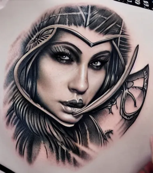 Image similar to tattoo design on white background of a beautiful girl warrior, hyper realistic, insanely detailed, inspired by eliot kohek