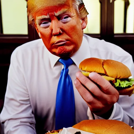 Prompt: closeup portrait of donald trump eating a burger, photograph, natural light, sharp, detailed face, magazine, press, photo, Steve McCurry, David Lazar, Canon, Nikon, focus