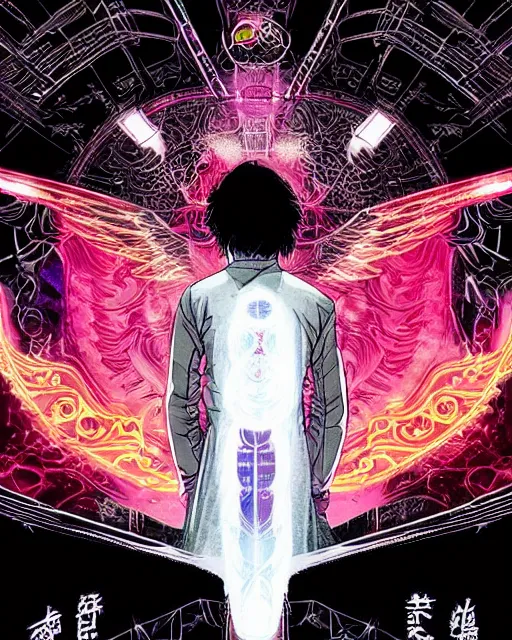 Image similar to white arc - angel with mystic robotic wings, blade runner, akira, ghost in the shell, 2 0 7 7, style of laurie greasley and satoshi kon + symmetric lights and smoke, psychedelic effects, glowing particles, neon rain, glowing runes, de - noise, symmetrical composition, high detailed + tarot card, ornate border, 8 k,