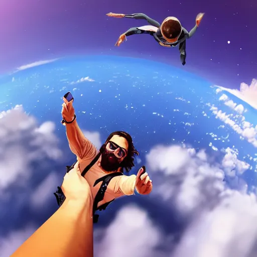 Image similar to a macro portrait of Jesus taking a selfie while skydiving, hyperdetailed, artstation, 8k,