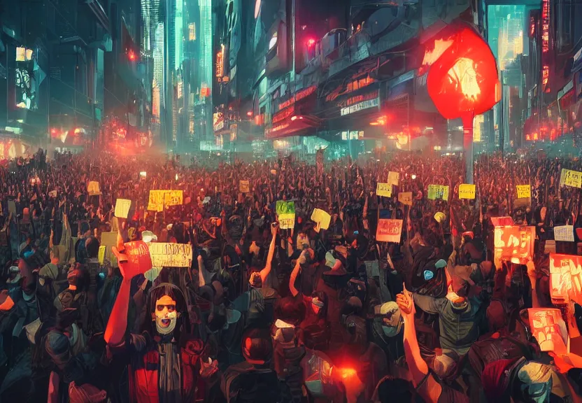 Image similar to angry protesters holding placards, digital illustration by greg rutkowski, android netrunner, cyberpunk city background, colored lighting