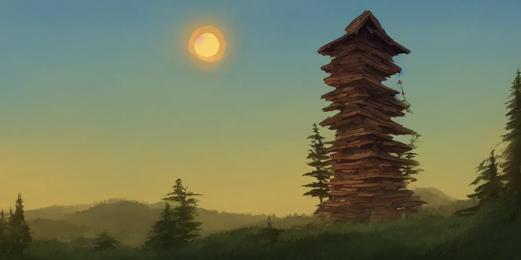 Image similar to dawn behind a very high tower made of wood, on the top of a summer hill, forest, painted by miyazaki, ghibli, artstation