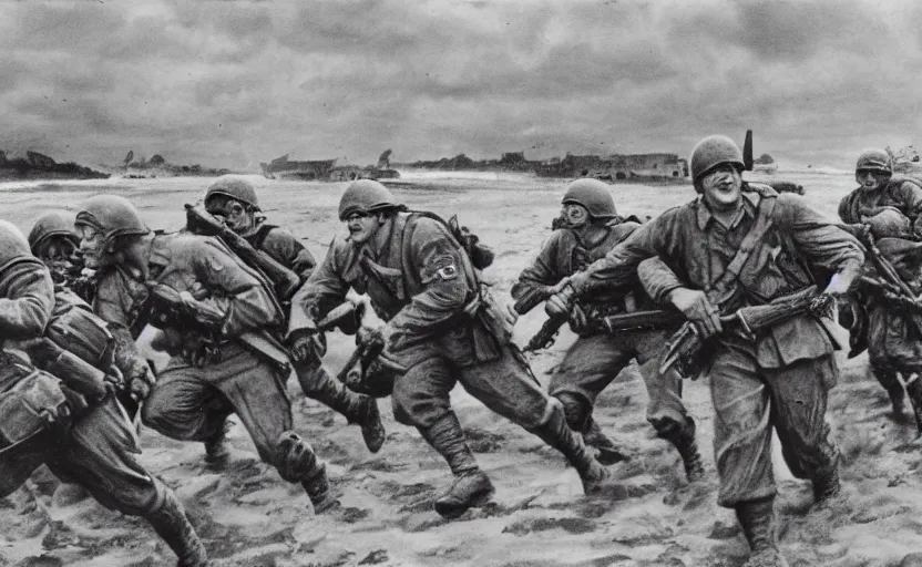 Prompt: Photo of Shrek leading the 1944 Omaha beach charge, photography by Robert F. Sargent, Normandy, D-Day, very detailed, realistic