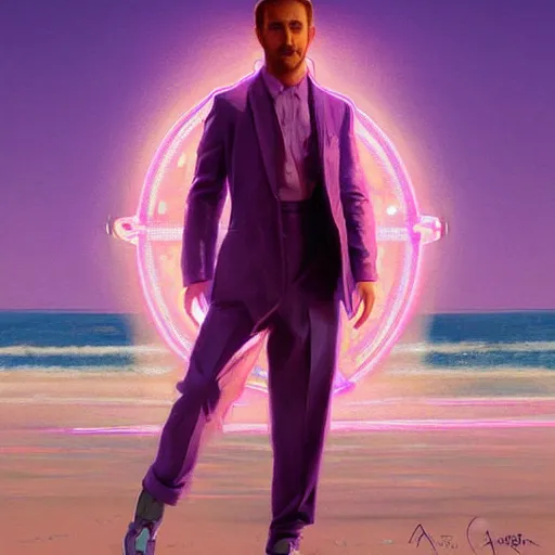 Prompt: ryan gosling robotic clothes in the beach purple sun, dancing ballet, effeminate, pink lighting ultra realistic photorealistic highly detailed high quality, a stunningly, digital painting, artstation, concept art, smooth, sharp focus, illustration, art by artgerm and greg rutkowski and alphonse mucha 8 k