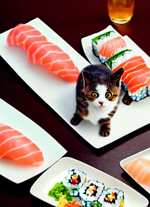 Image similar to clear photorealistic picture of adorable cats eating sushi