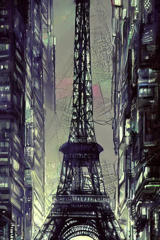 Prompt: beautiful digital art of cyberpunk paris eiffel tower by james gurney