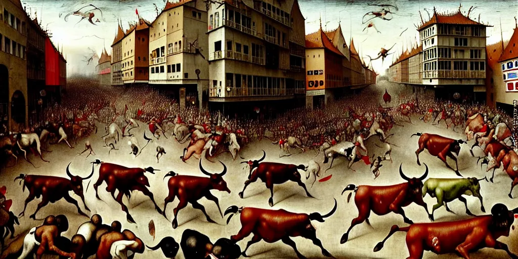 Image similar to the running of the bulls in pamplona, hundreds of people are fleeing from rampaging bulls in the city streets, art by hieronymus bosch, intricate, elegant, highly detailed, smooth, sharp focus, artstation