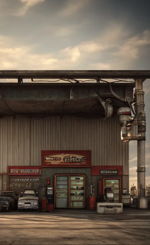 Image similar to steampunk gas station, garage, closeup, 4 k, polished, photorealistic, hard edges, zoomed in, very coherent, sharp focus, rim light, exquisite lighting, hard edges, sci - fi, cinematic, octane render