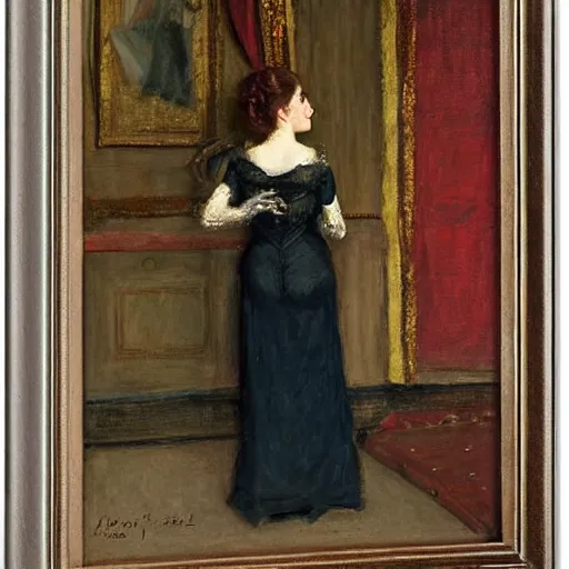 Image similar to a theatre actress waiting for the curtain to fall, by alfred stevens